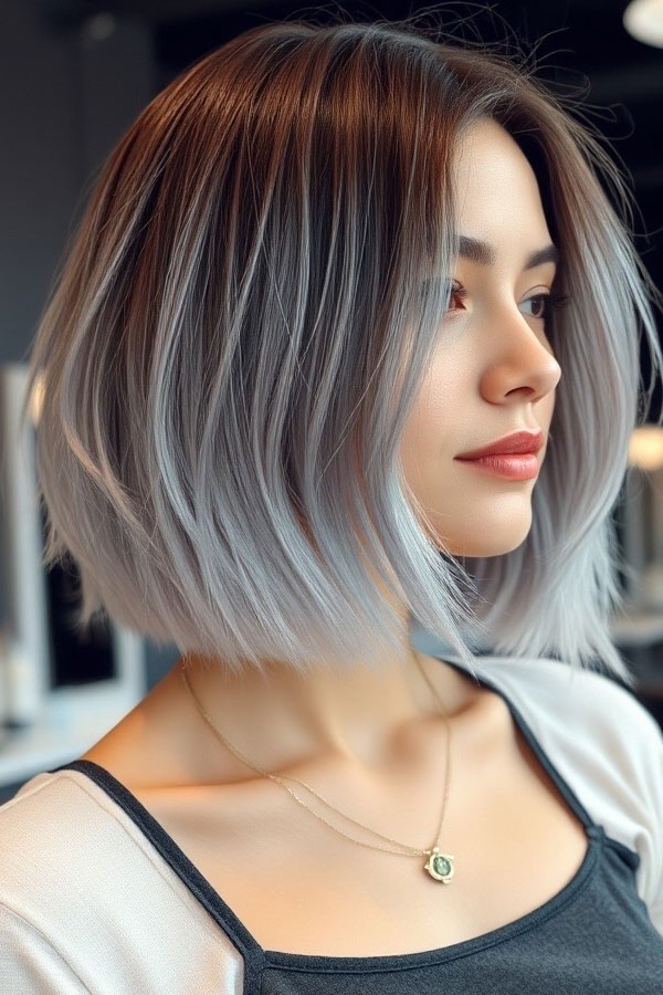 Icy Silver Angled Lob, low maintenance long bob, lob haircut, long bob haircut, trendy long bob, lob hairstyle