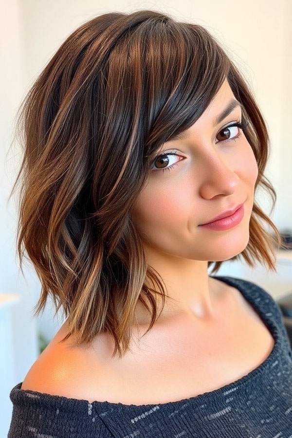 25 Trendy Long Bob Haircuts : Tousled Brunette Lob with Side Bangs