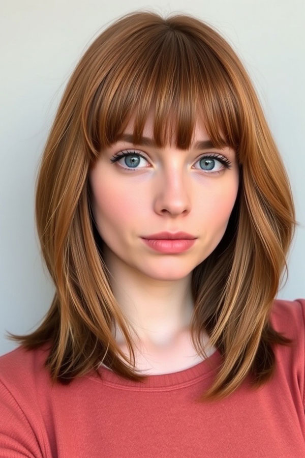 25 Trendy Long Bob Haircuts : Auburn Medium length Long Bob Haircut with Layers & Full Fringe