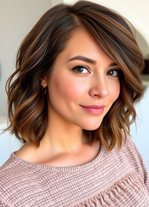 25 Trendy Long Bob Haircuts : Glossy Wavy Lob with Warm Highlights