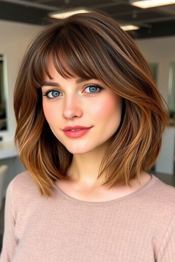 25 Trendy Long Bob Haircuts : Soft Layered Lob Brown Hair with Wispy Bangs