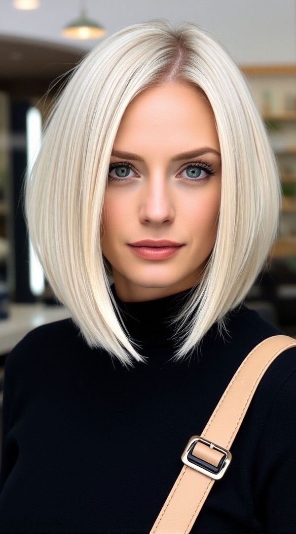 Sleek Platinum Lob, platinum long bob, lob haircut, long bob haircut, trendy long bob, lob hairstyle