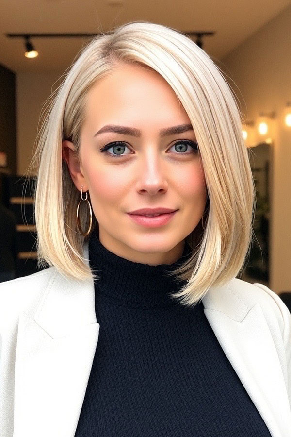 Polished Blonde Lob with Side Part, low maintenance long bob, lob haircut, long bob haircut, trendy long bob, lob hairstyle