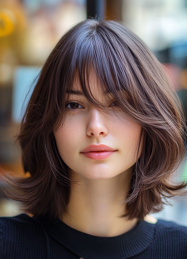 25 Trendy Long Bob Haircuts : Rich Chestnut Long Bob with Layers and Bangs