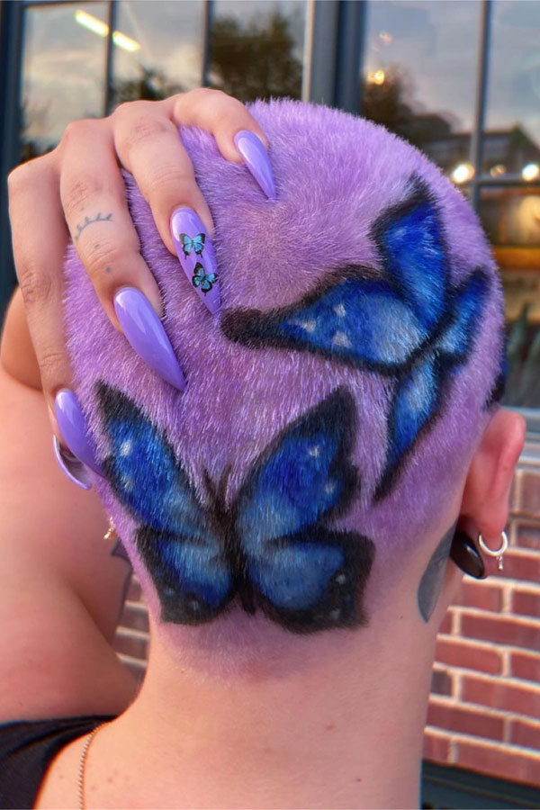 27 Bold Dyed Buzz Cut Designs for Women : Blue Butterfly Buzz Cut