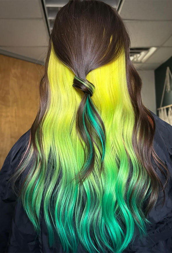 35 Neon Bright Hair Colours to Electrify Your Look : Hidden Neon Glow Peekaboo Effect