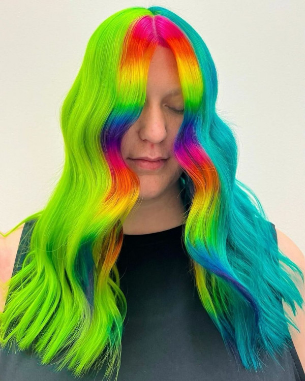 35 Neon Bright Hair Colours to Electrify Your Look : Green and Teal with Rainbow Streak Face-framing