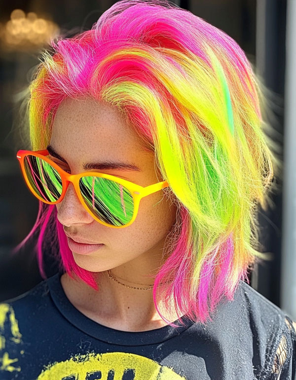 35 Neon Bright Hair Colours to Electrify Your Look : Multi-Coloured Neon Tousled Bob