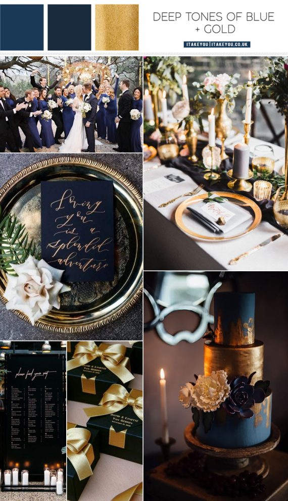 Deep tones of blue and gold color palette for winter wedding