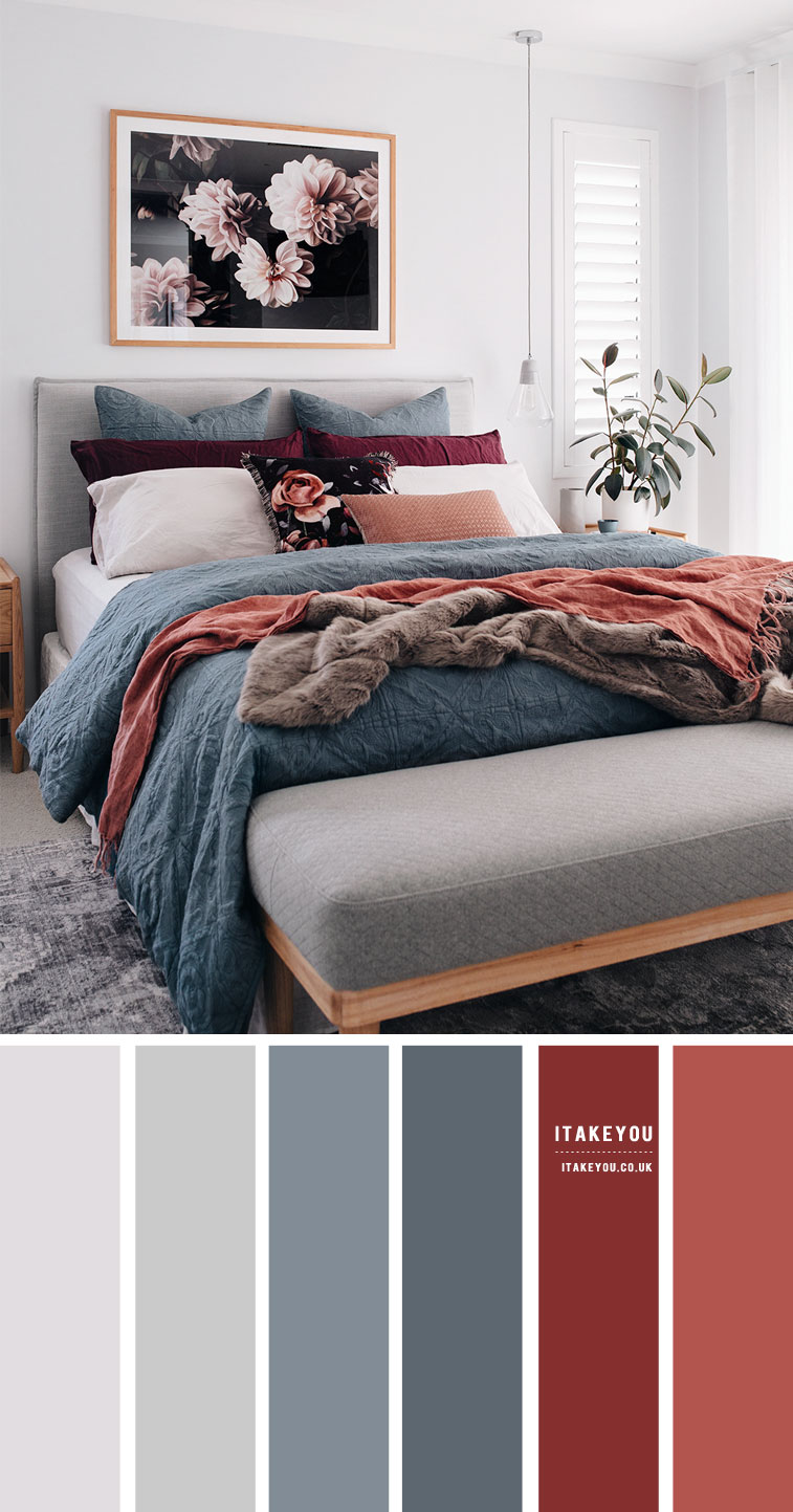 Grey Bedroom with Blue Grey and Terracotta accents I Take You