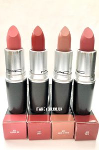 Mac Lipstick Colours : Please Me, Chili, Love U Back, Twig