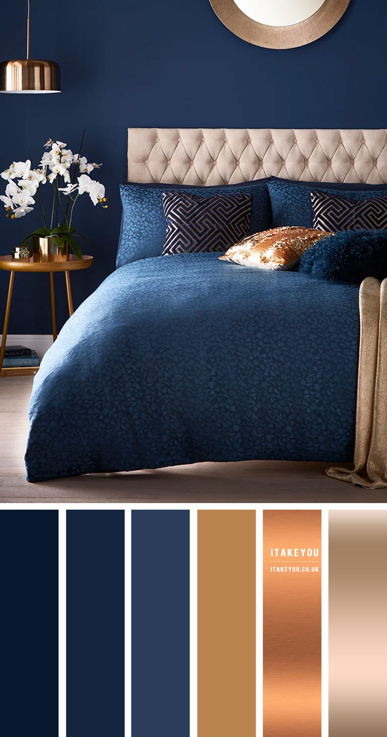 Navy Blue Bedroom with Copper, Gold and Tan accent Colours