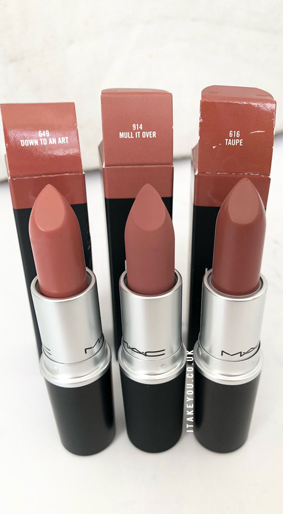 Down To An Art vs Mull It Over vs Taupe Mac Lipstick