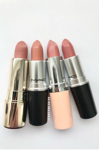 Four nude lipsticks - Clarins, Mac and Rimmel | Lipstick swatches