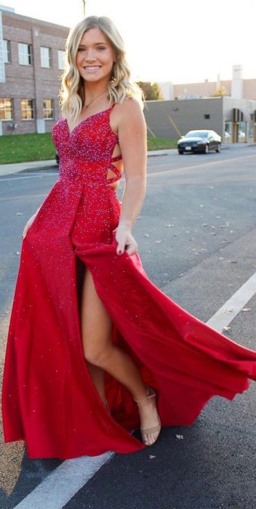 12 Red Prom Dresses For The Wow Look : Red Shimmery Spaghetti Strap ...