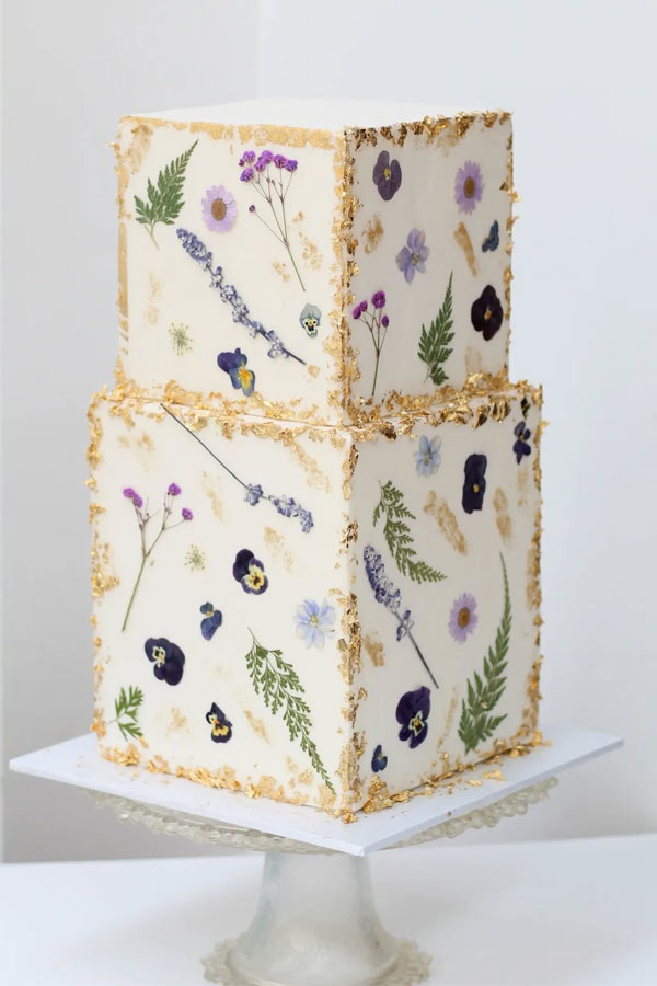 Glided and Edible Pressed Flower Cake, two tier pressed flower wedding cake