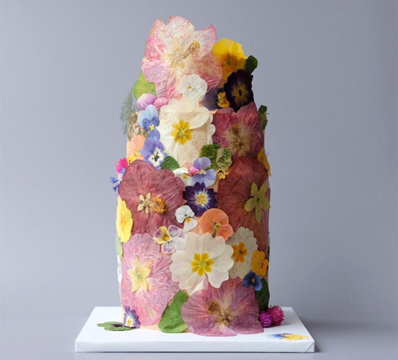 Edible Pressed Flower Cake, three tier pressed flower wedding cake