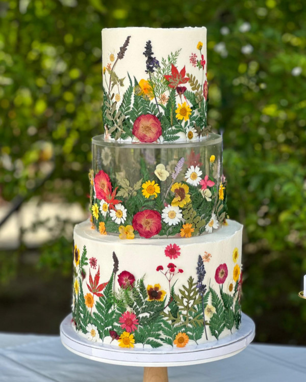 Three Tier Edible Pressed Flower Cake, pressed flower wedding cake 