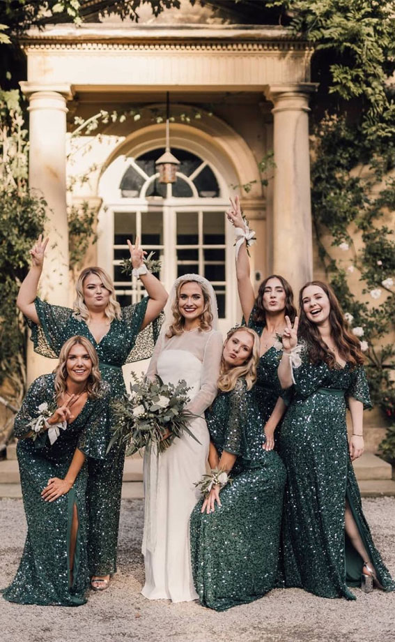 sparkling green bridesmaid dresses, green bridesmaid dress ideas, fall wedding ideas, fall bridesmaids