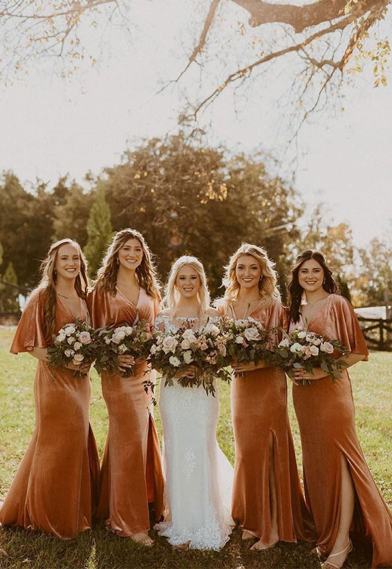 brown bridesmaid dresses, fall bridesmaids, autumn wedding ideas 2021, fall bridesmaids 2021