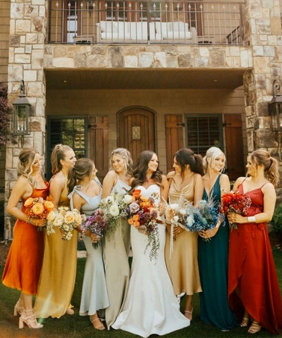 mix and match bridesmaid dresses 2021, autumn bridesmaid dresses, mismatched bridesmaid dresses, mismatched bridesmaids, autumn wedding ideas 2021