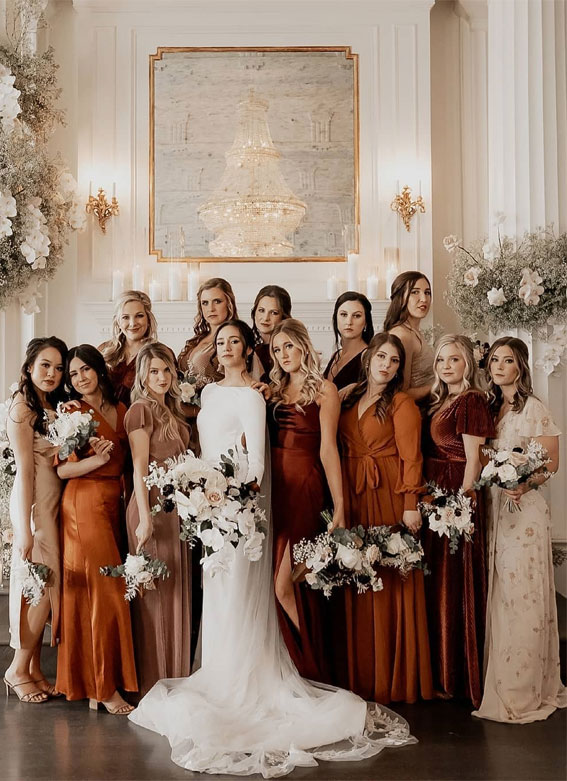 autumn bridesmaid dresses, mismatched bridesmaid dresses, mismatched bridesmaids, autumn wedding ideas 2021