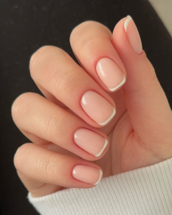 classy nude nails, french tip short nails, simple nude nails