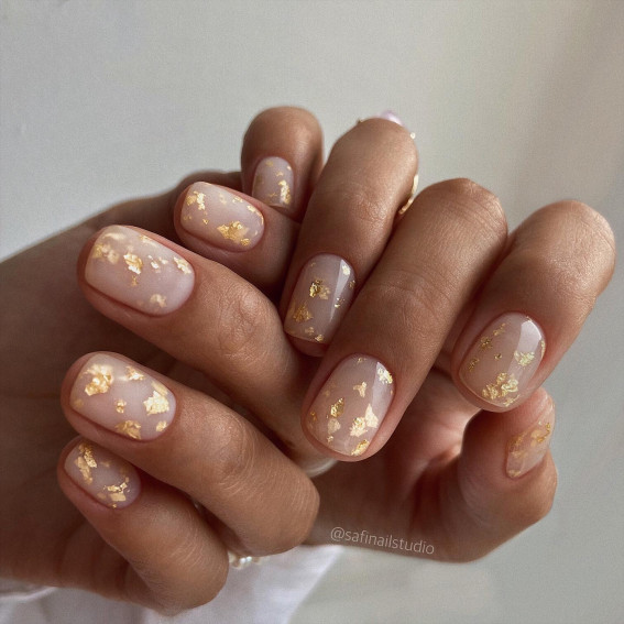 gold flake nails, classy nude nails, subtle nails