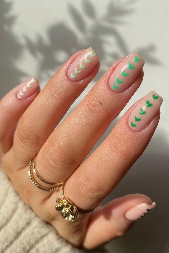 shades of green heart nails, valentine's day nails, valentine nail art designs, gradient heart nails