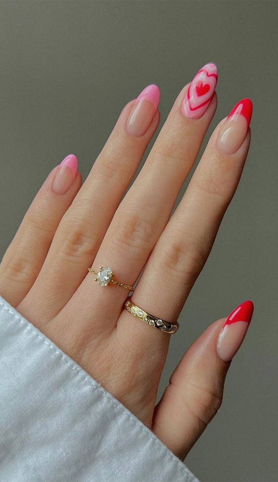 pink and red french tip nails with aesthetic heart, valentine's day nails, valentine nails 2022