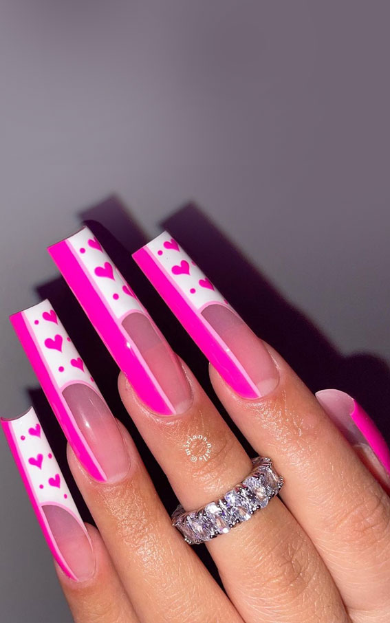 bright pink valentine nails, valentine nails 2022, pink heart nails, love heart nails 2022