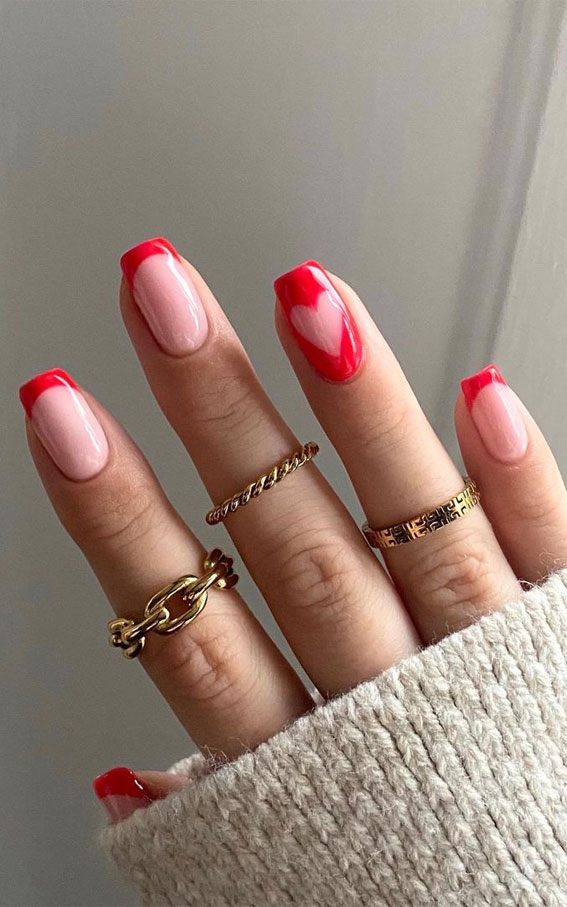 cut out love red heart nails, red french tip nails, red french tip valentine nails, valentine's day nails , valentine's day nails 2022