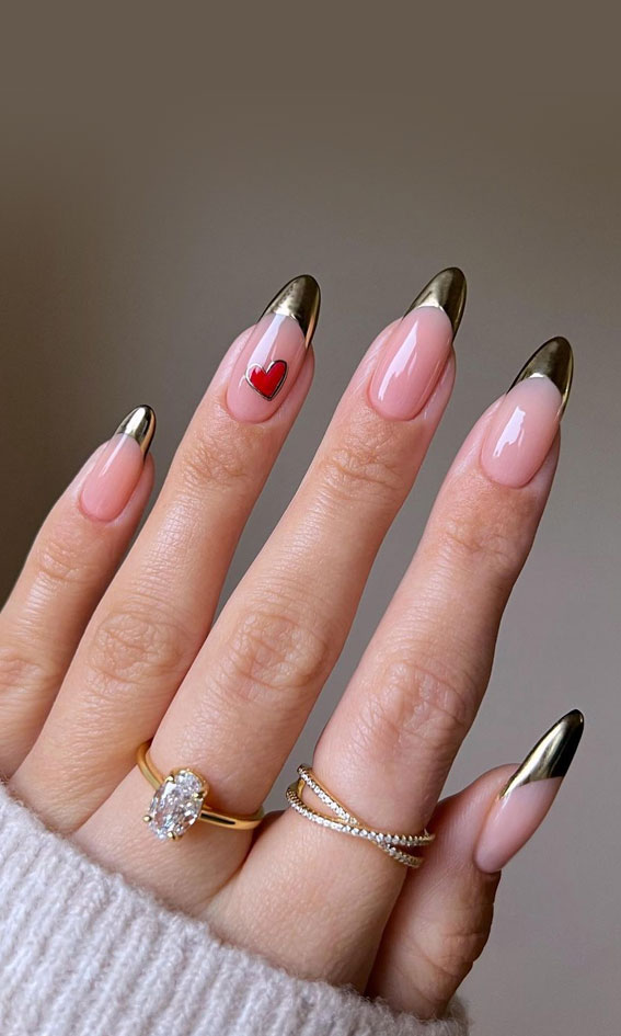 gold french tip nails, simple nails, valentine nails, chrome nails, chrome tip nails