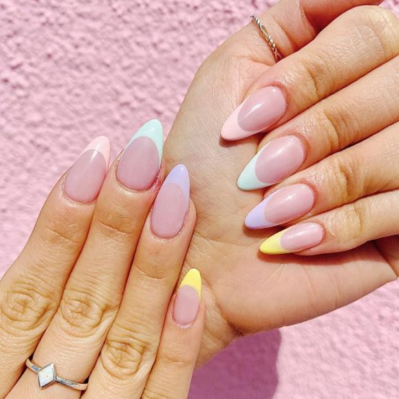 30 Cute Easter Nail Designs 2022 MultiColoured Pastel French Tip