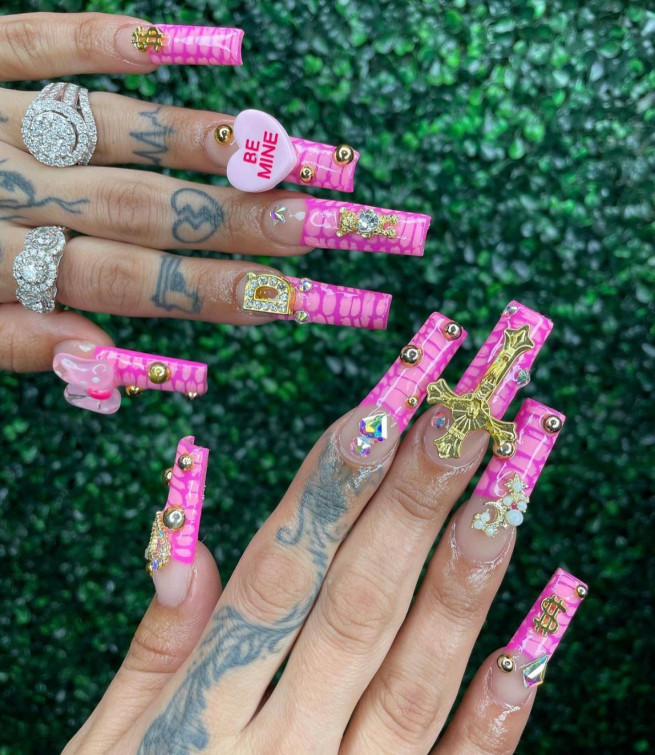 snake print french tip nails, pink nails 2022, trendy pink nails, pink nails coffin, acrylic pink nails, french pink nails, baby pink nails, shades of pink nails, pink nails acrylic, flower nails