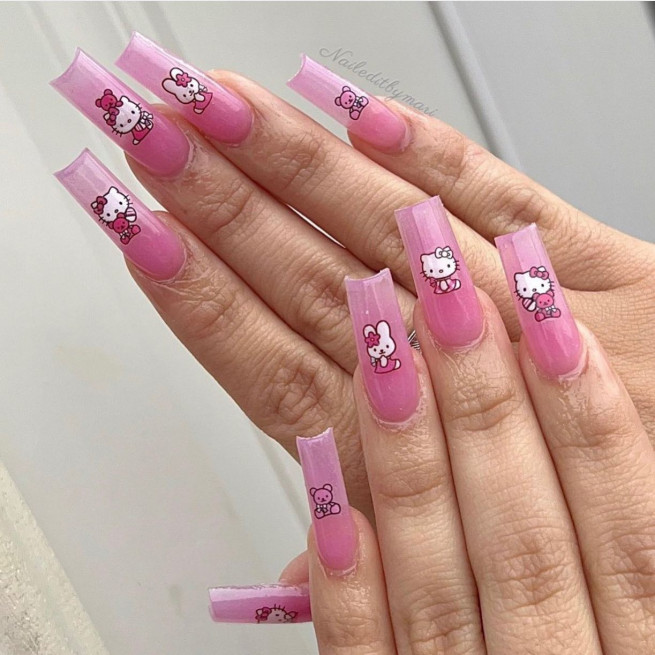 50 Trendy Pink Nails That’re Perfect For Spring : Pink Jelly Nails with Hello Kitty