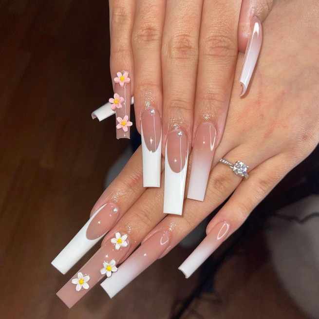 50 The Cutest Spring Nails Ever White French Tip Nails with Flower