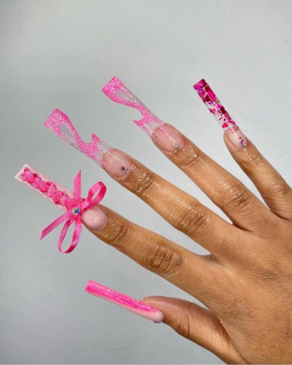 50 Trendy Pink Nails Thatre Perfect For Spring Pink Glitter And Laced Long Clear Nails I Take