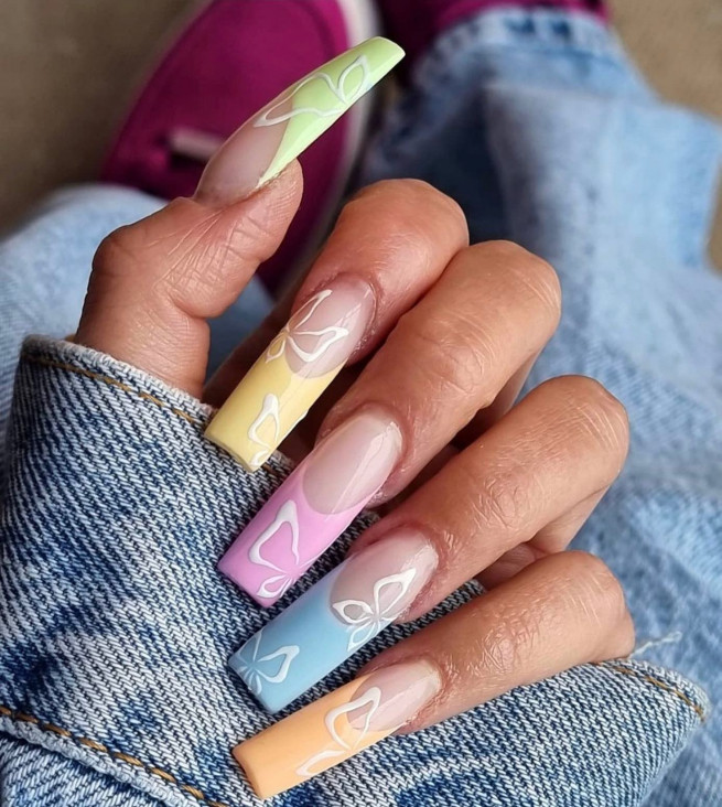 40 The most beautiful Easter nails : Pastel French Nail Art with White Outline Butterfly