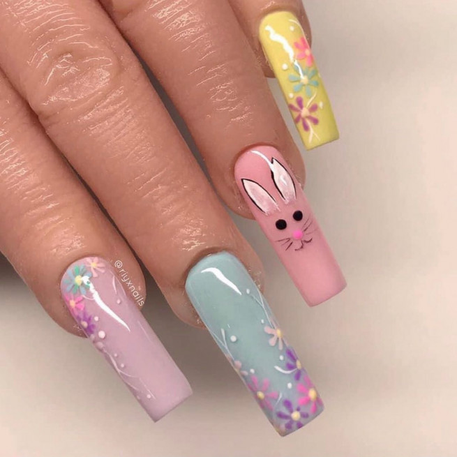 40 The Most Beautiful Easter Nails Mixed Bunny & Flower Acrylic Nail