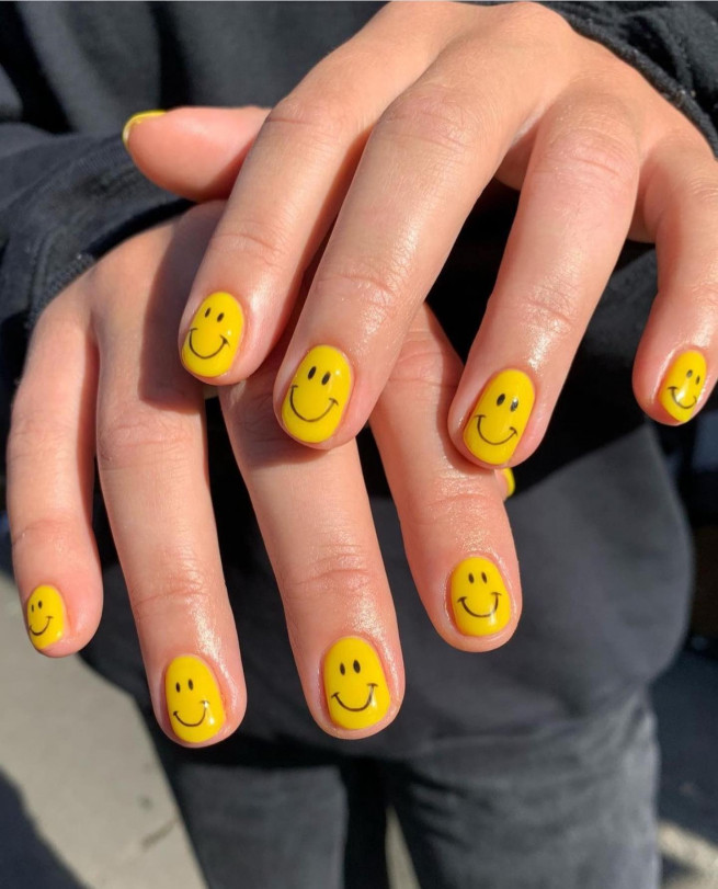 40 Cutest Summer Nail Designs In 2022 Bright Yellow Smiley Face Nail