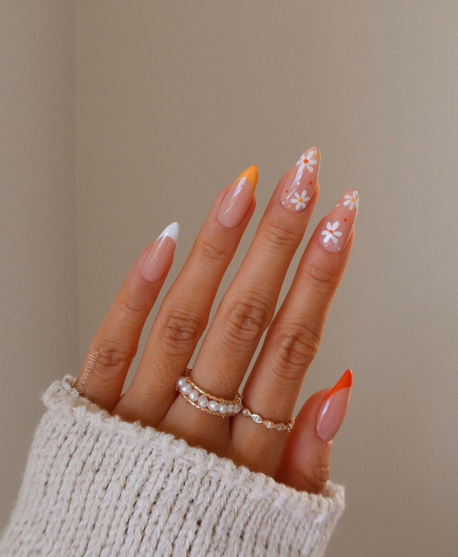 50 Pretty Floral Nail Designs Flower & Orange French Tip Nails I Take