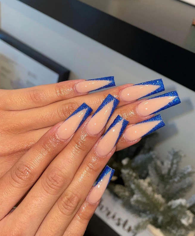40 Gorgeous Royal Blue Nail Designs : Textured Glitter French V Tip Acrylic Nails