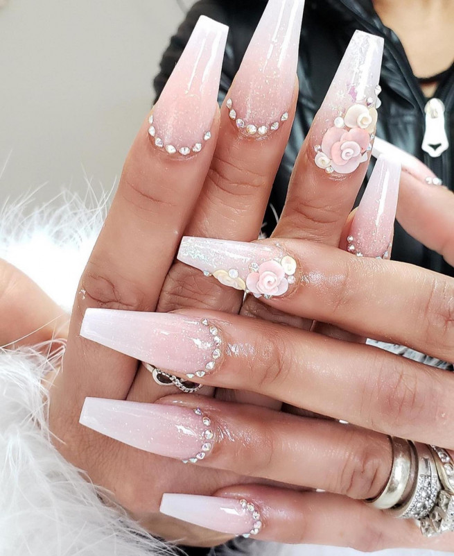 50 Best Wedding Day Nails for Every Style : 3D Rose Coffin Ombre ...