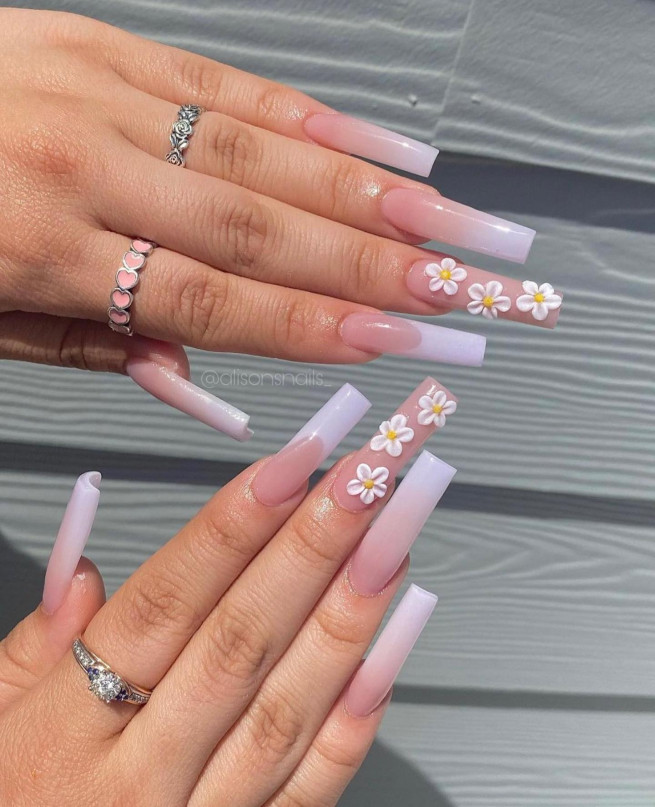 40 Cute Acrylic Nails To Wear This Spring : 3D Flower Nude Nail Art