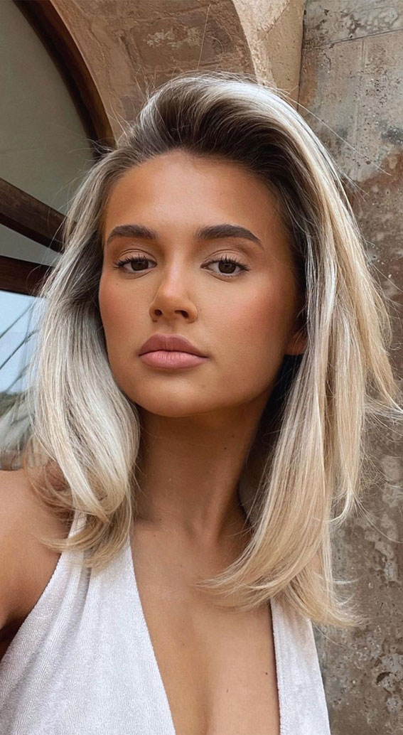 30 Stylish Shoulder Length Haircuts To Try Now : Dimensional Blonde Lob Side Part