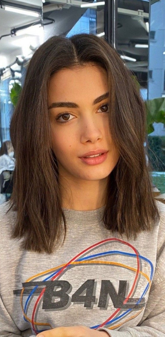 30 Stylish Shoulder Length Haircuts To Try Now : Brunette Textured Cut with Bangs
