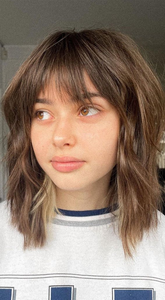 30 Stylish Shoulder Length Haircuts To Try Now : Brown Sugar Textured Cut with Bangs