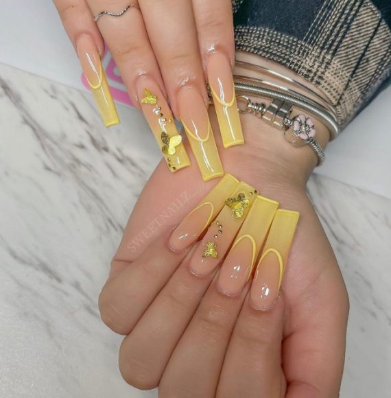 45 Best Prom Nails For 2022 Yellow Ombre Double French Nails I Take