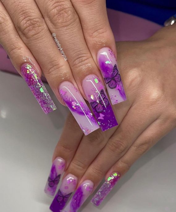 45 Best Prom Nails for 2022 : Purple Butterfly Nails I Take You ...